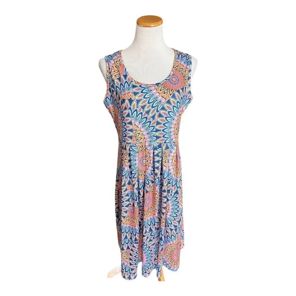 New Womens Deouq Sleeveless Peacock Blue Floral Summer Swing Dress - Sz L